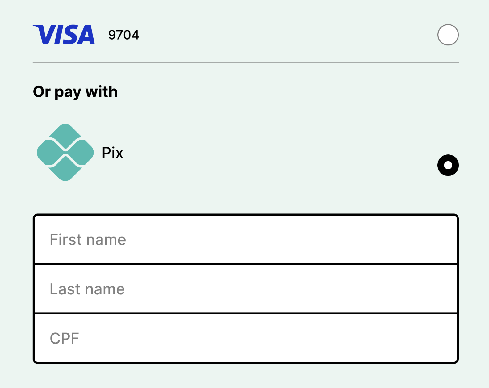 Exemple de checkout : saisie carte Visa et option « Ou payer avec Pix »
