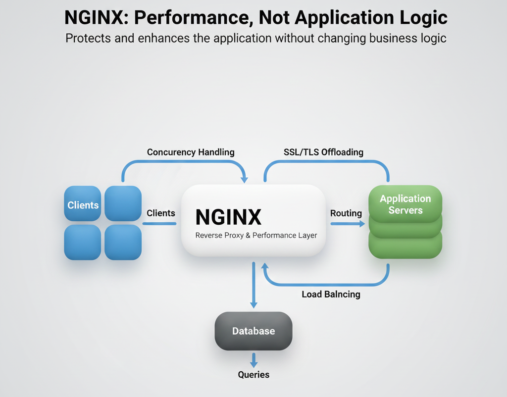 Diagramme d'architecture montrant le reverse proxy Nginx avec connexions worker, serveurs en amont et relations de métriques