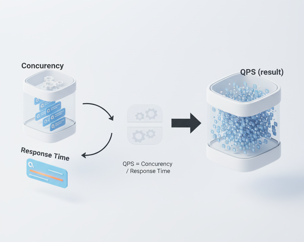 Diagramme montrant la relation entre QPS, concurrence et temps de réponse avec visualisation de formule